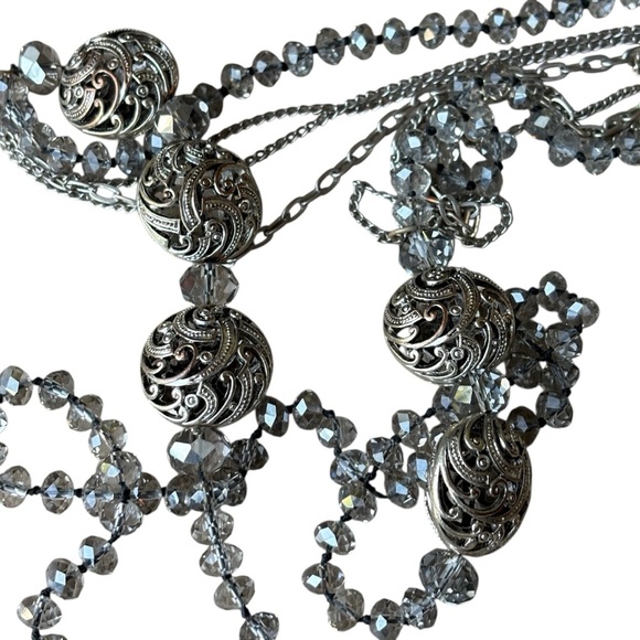 Vintage Silver Tone Beaded Art Deco Castlecore Long Necklace Filigree Ball - Picture 1 of 8